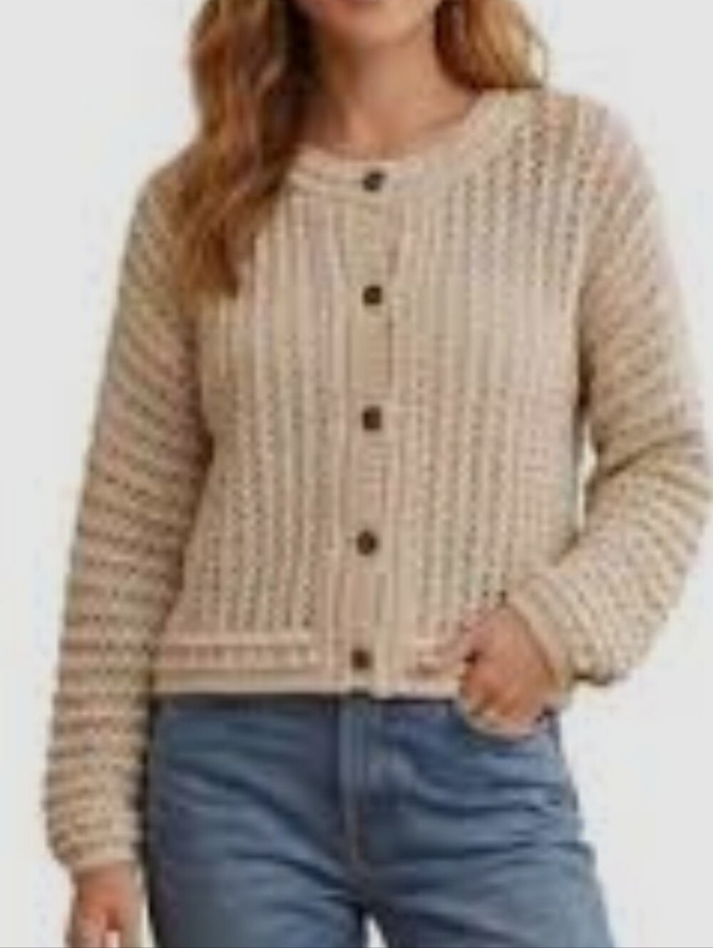 Rachel Zoe Chunky Loose Knit Nautral Metallic Thread Button Down Cardigan - Picture 4 of 9